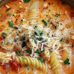 Bowl of Crockpot Chicken Parmesan Soup topped with melted mozzarella cheese and fresh basil