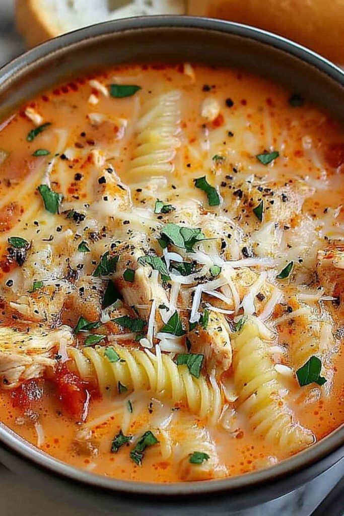 Bowl of Crockpot Chicken Parmesan Soup topped with melted mozzarella cheese and fresh basil