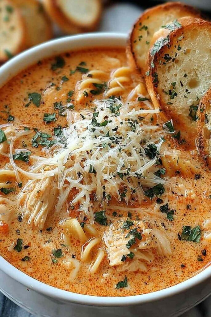 Bowl of crockpot chicken Parmesan soup with melted cheese and pasta