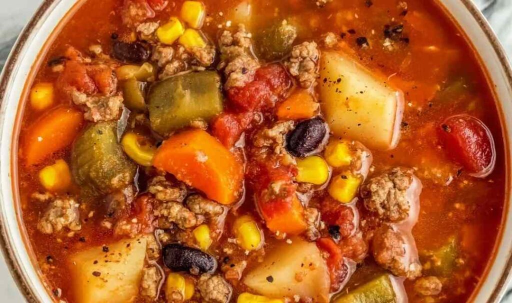 Crockpot Cowboy Soup in white bowl with ground beef beans and vegetables