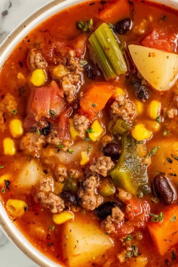 Crockpot Cowboy Soup in white bowl with ground beef beans and vegetables