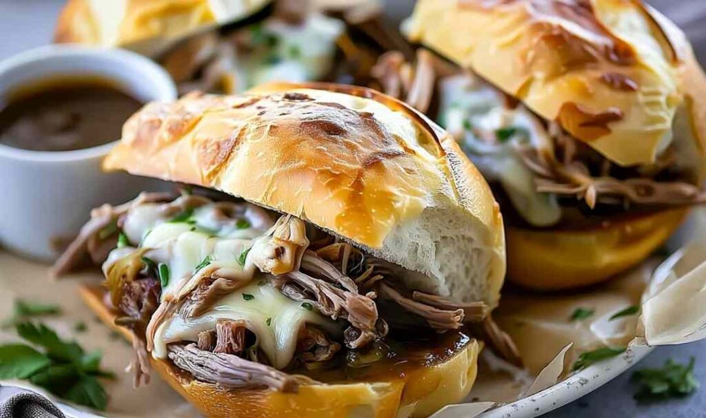 Crockpot French Dip Sandwiches with melted provolone cheese and au jus for dipping