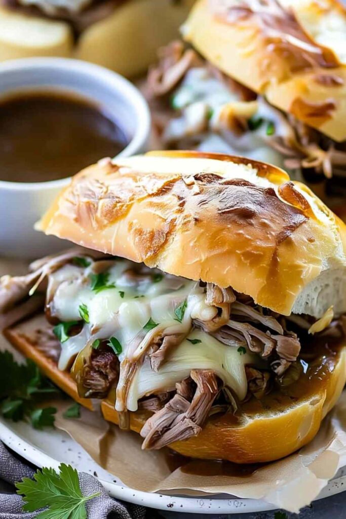 Crockpot French Dip Sandwiches with melted provolone cheese and au jus for dipping