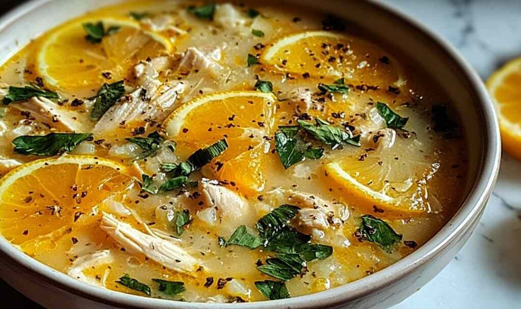 Bowl of crockpot lemon chicken soup with shredded chicken, carrots, celery and fresh parsley garnish