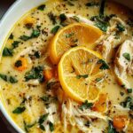 Bowl of crockpot lemon chicken soup with shredded chicken, carrots, celery and fresh parsley garnish