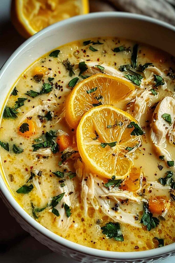 Bowl of crockpot lemon chicken soup with shredded chicken, carrots, celery and fresh parsley garnish