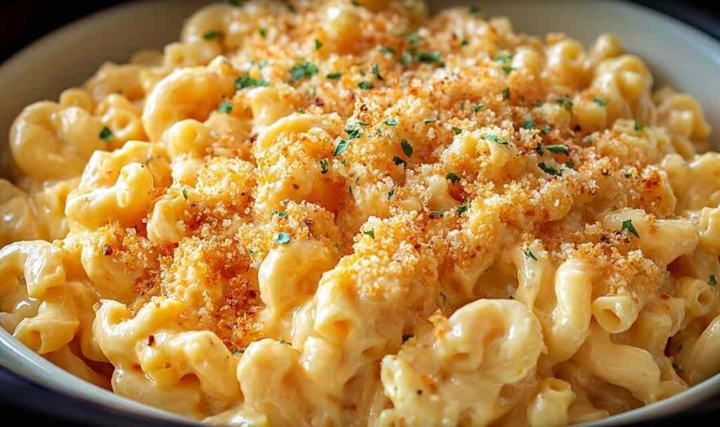 Crockpot mac and cheese in white slow cooker with wooden spoon showing creamy cheese sauce