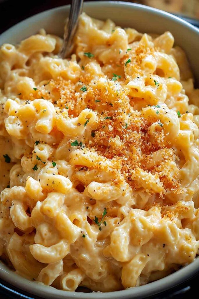 Crockpot mac and cheese in white slow cooker with wooden spoon showing creamy cheese sauce