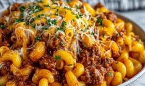 Crockpot sloppy joe pasta in slow cooker with ground beef and elbow macaroni in rich tomato sauce