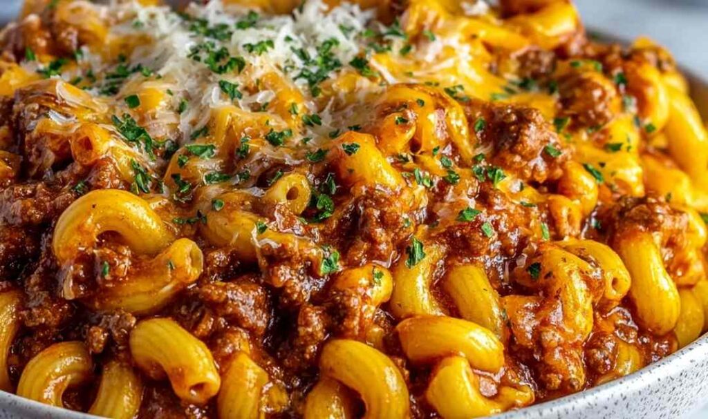 Crockpot sloppy joe pasta in slow cooker with ground beef and elbow macaroni in rich tomato sauce
