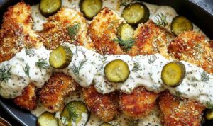 Golden crispy dill pickle parmesan chicken on white plate with fresh dill garnish