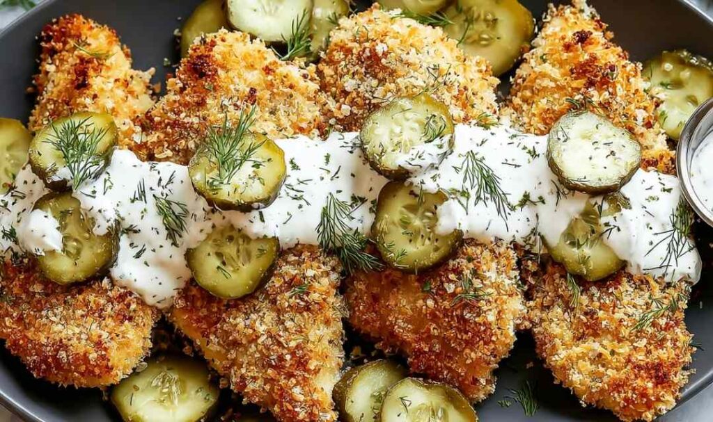 Golden crispy dill pickle parmesan chicken on white plate with fresh dill garnish