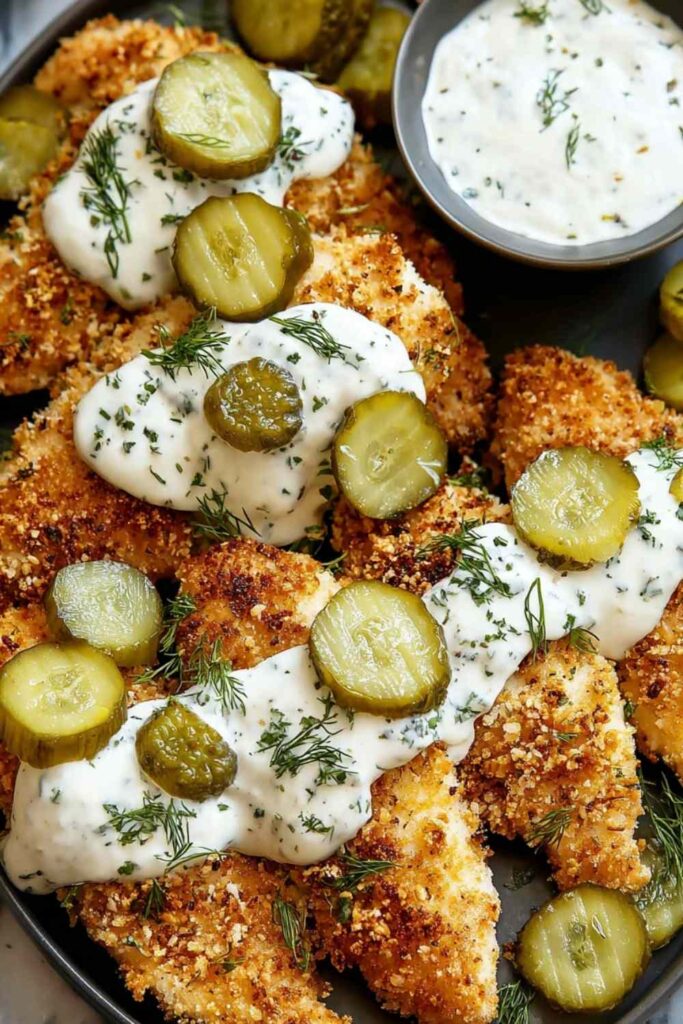 Golden crispy dill pickle parmesan chicken on white plate with fresh dill garnish