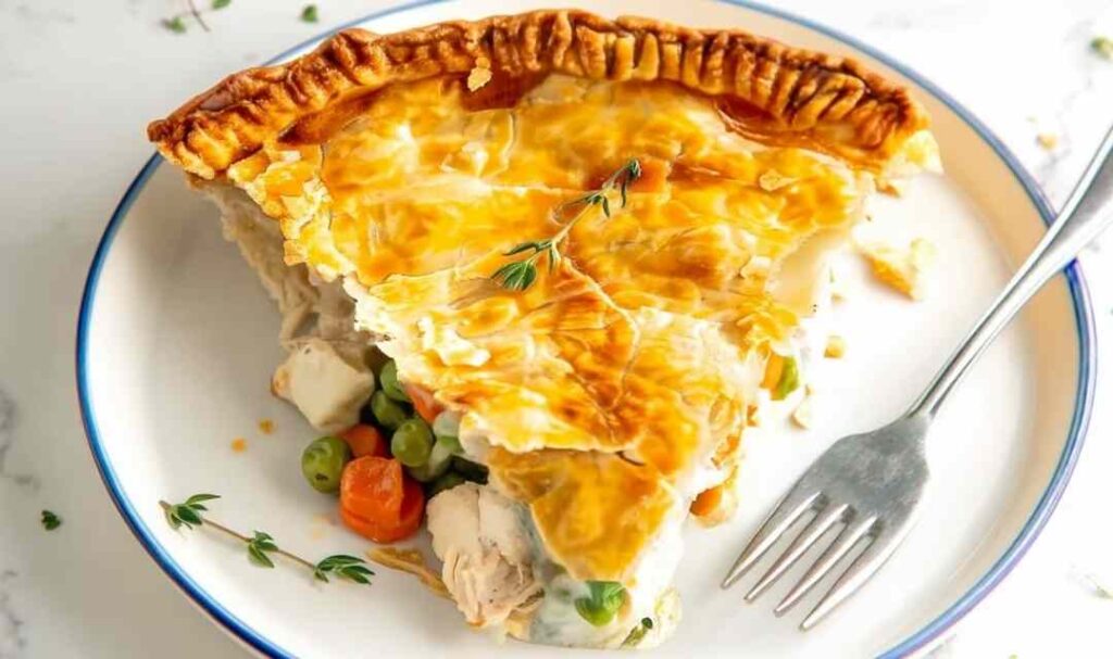 Easy chicken pot pie with golden flaky crust and creamy chicken filling on white plate