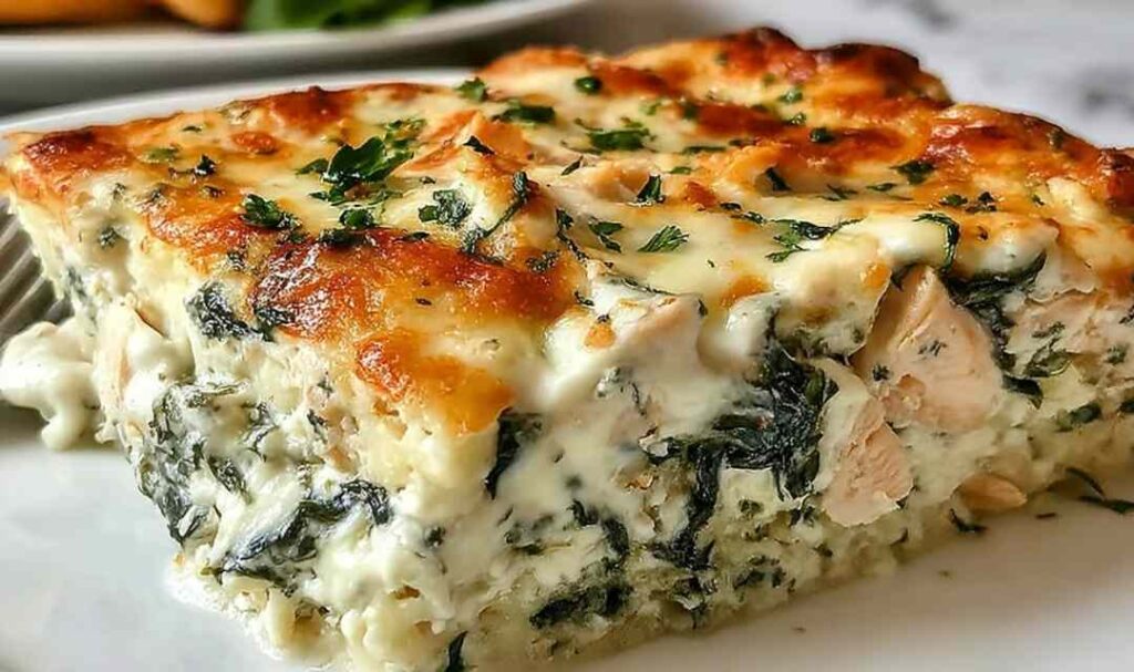 Chicken and spinach casserole with cream cheese in a white baking dish with golden bubbly cheese topping