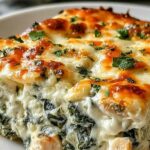 Chicken and spinach casserole with cream cheese in a white baking dish with golden bubbly cheese topping