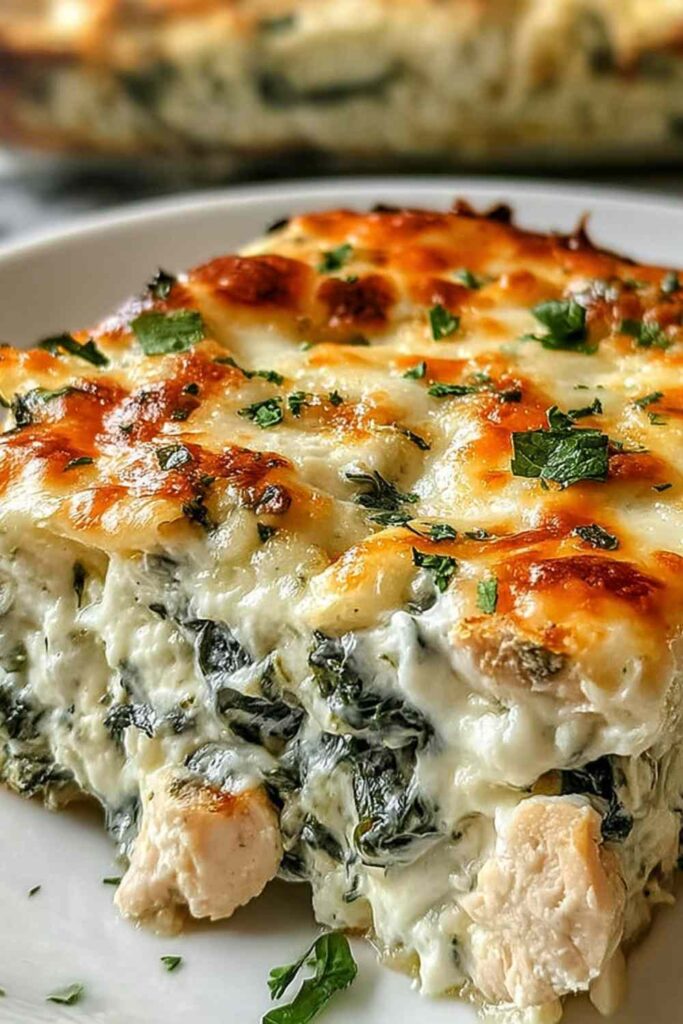 Chicken and spinach casserole with cream cheese in a white baking dish with golden bubbly cheese topping