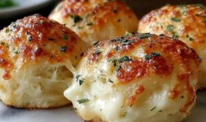 Garlic butter cheese bombs on baking sheet with melted mozzarella cheese inside