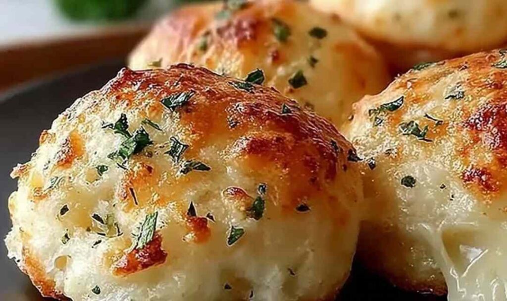 Garlic butter cheese bombs on baking sheet with melted mozzarella cheese inside