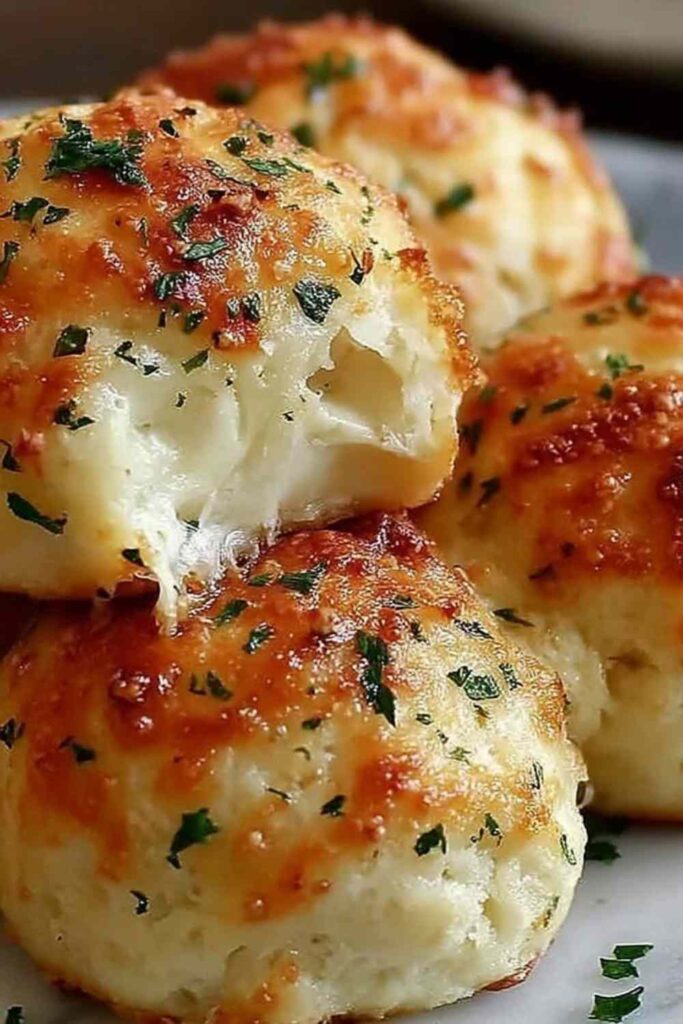Garlic butter cheese bombs on baking sheet with melted mozzarella cheese inside