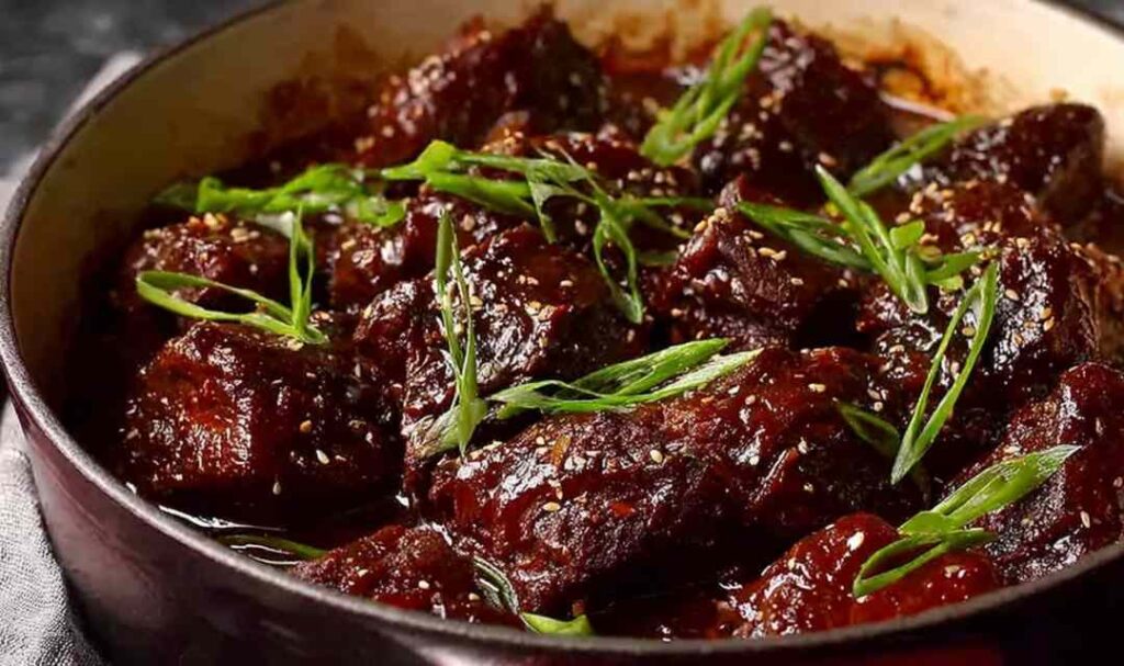 Korean pot roast with sesame seeds and green onions on white rice