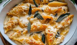 Pumpkin gouda stuffed shells with brown butter sage alfredo sauce on white plate with fork