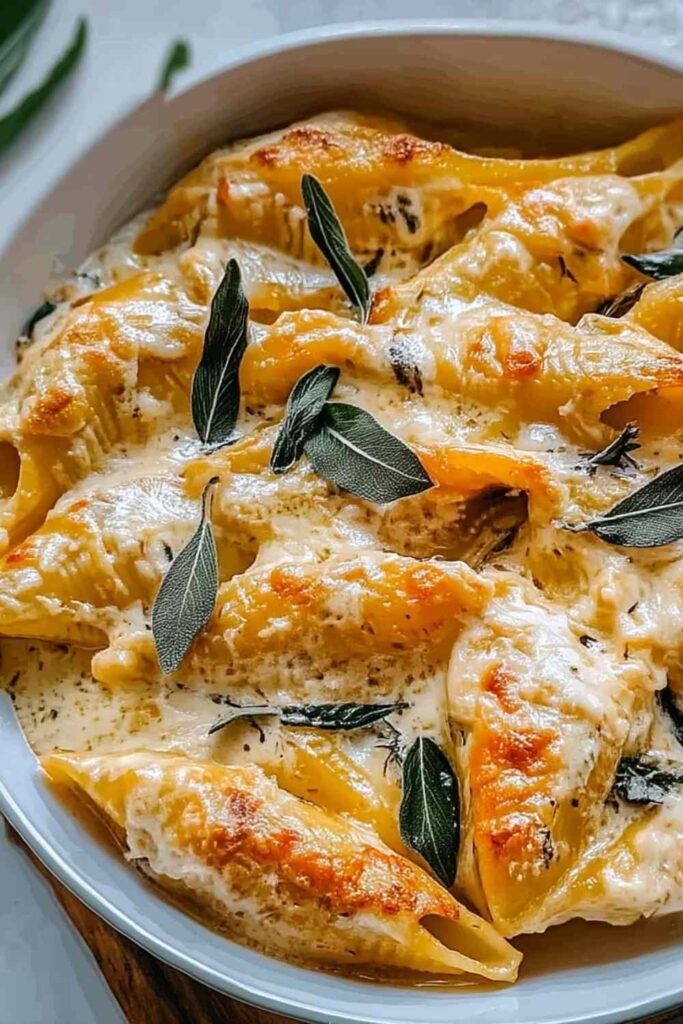 Pumpkin gouda stuffed shells with brown butter sage alfredo sauce on white plate with fork