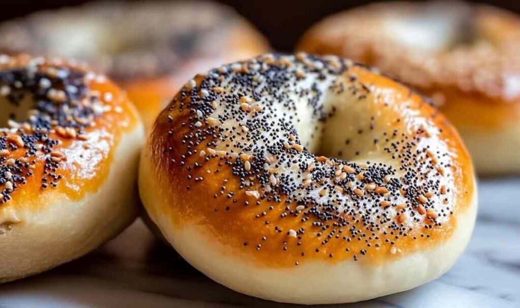 Easy sourdough bagels with everything seasoning on cooling rack, golden brown and freshly baked
