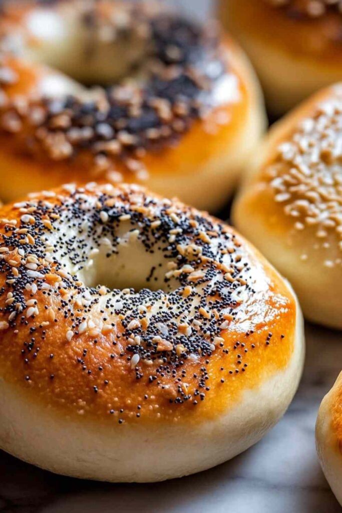 Easy sourdough bagels with everything seasoning on cooling rack, golden brown and freshly baked