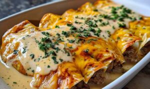 Southern breakfast enchiladas with sausage gravy on white plate with fresh herbs garnish