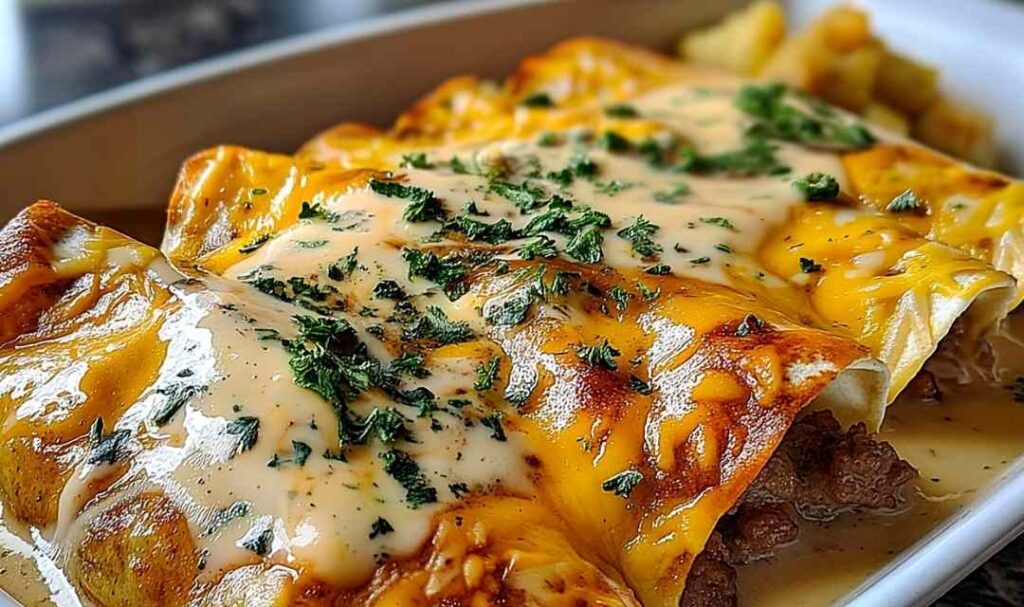 Southern breakfast enchiladas with sausage gravy on white plate with fresh herbs garnish