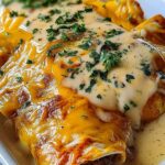 Southern breakfast enchiladas with sausage gravy on white plate with fresh herbs garnish
