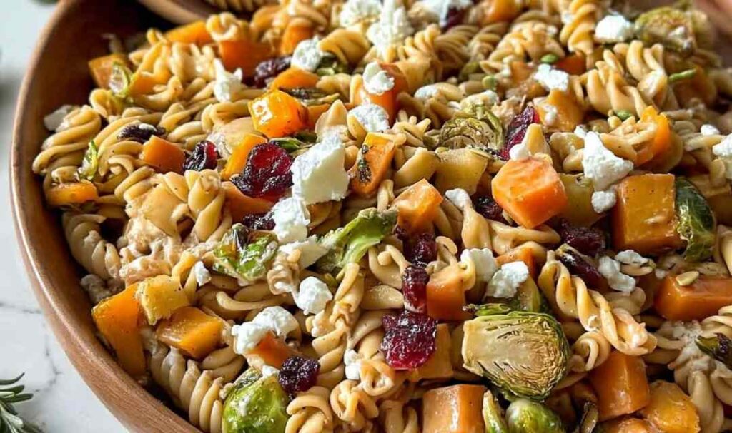 Fall pasta salad in white bowl with roasted sweet potatoes, bacon, apples, and cranberries