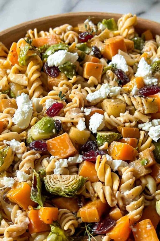 Fall pasta salad in white bowl with roasted sweet potatoes, bacon, apples, and cranberries