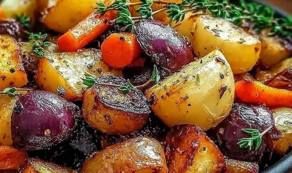 Festive roasted Christmas vegetables on white serving platter with Brussels sprouts carrots parsnips and caramelized edges