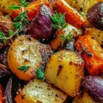 Festive roasted Christmas vegetables on white serving platter with Brussels sprouts carrots parsnips and caramelized edges