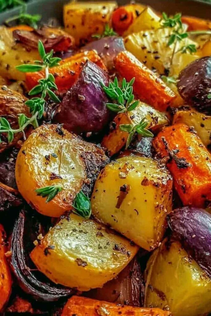 Festive roasted Christmas vegetables on white serving platter with Brussels sprouts carrots parsnips and caramelized edges