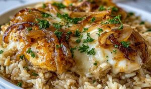 French onion chicken rice casserole in baking dish with golden bubbly cheese topping