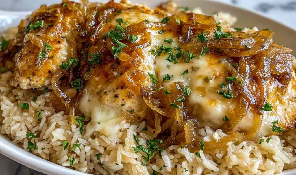 French onion chicken rice casserole in baking dish with golden bubbly cheese topping
