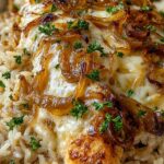 French onion chicken rice casserole in baking dish with golden bubbly cheese topping