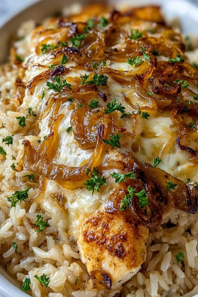 French onion chicken rice casserole in baking dish with golden bubbly cheese topping
