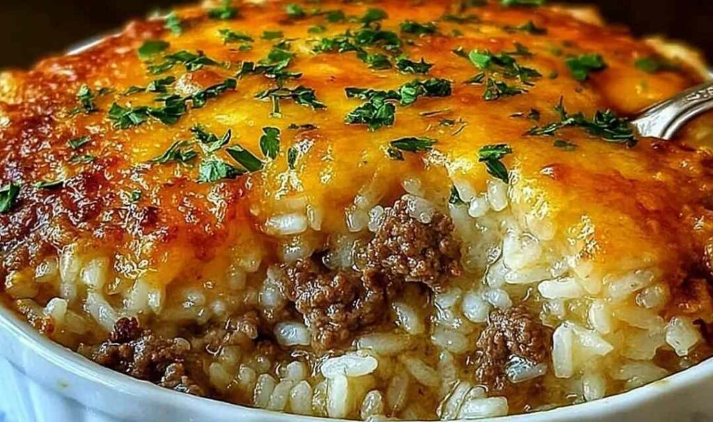 French Onion Ground Beef Rice Casserole in baking dish with melted mozzarella cheese