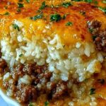 French Onion Ground Beef Rice Casserole in baking dish with melted mozzarella cheese