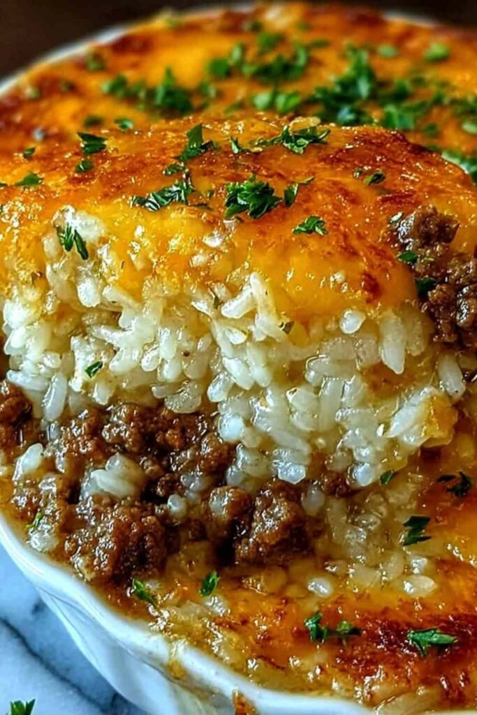French Onion Ground Beef Rice Casserole in baking dish with melted mozzarella cheese