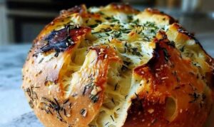 Crusty golden garlic herb Dutch oven bread with fresh rosemary on cooling rack