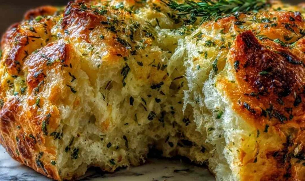 Golden brown garlic herb Dutch oven bread with crispy crust on cooling rack