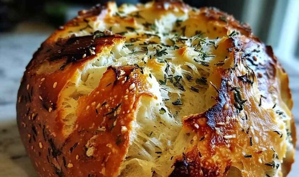 Crusty golden garlic herb Dutch oven bread with fresh rosemary on cooling rack