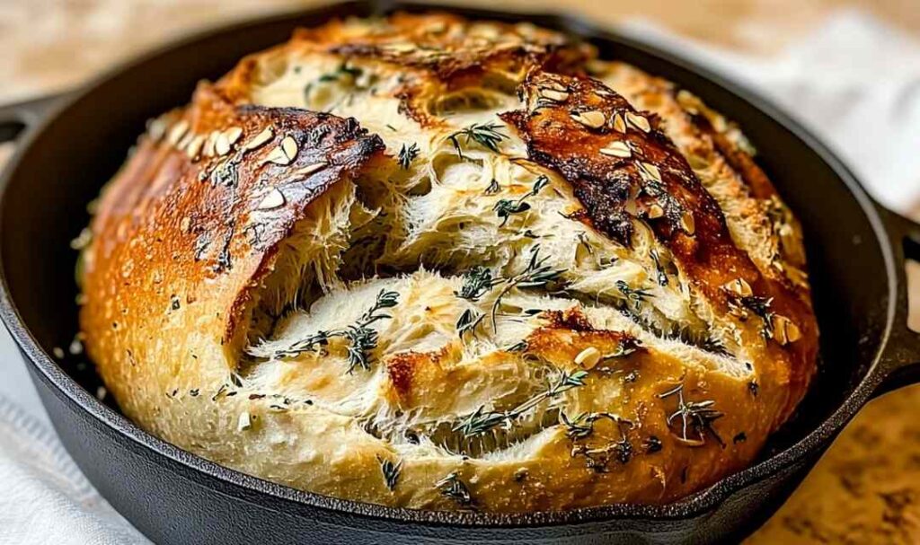 Garlic herb Dutch oven bread with golden crispy crust on cooling rack