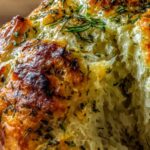 Golden brown garlic herb Dutch oven bread with crispy crust on cooling rack