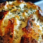 Crusty golden garlic herb Dutch oven bread with fresh rosemary on cooling rack